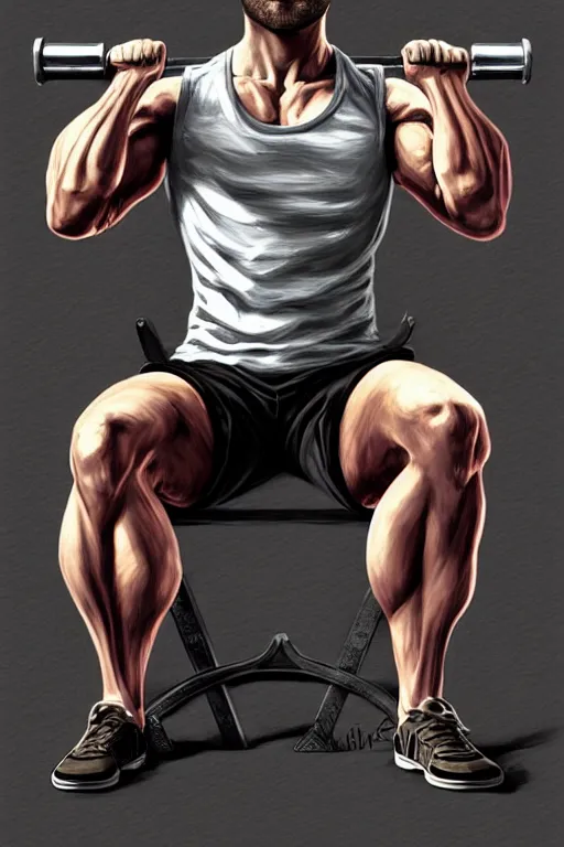 Image similar to highly detailed rendering of Daniel Radcliffe as Harry Potter doing barbell back squats, dingy workout gym, wearing a muscle tee shirt, muscular deep squats, symmetrical, highly detailed, digital painting, artstation, concept art, smooth, sharp focus, illustration, cinematic lighting, art by artgerm and greg rutkowski and alphonse mucha