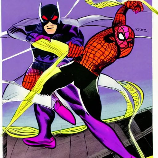 Image similar to a purple spiderman and purple batman by jack kirby