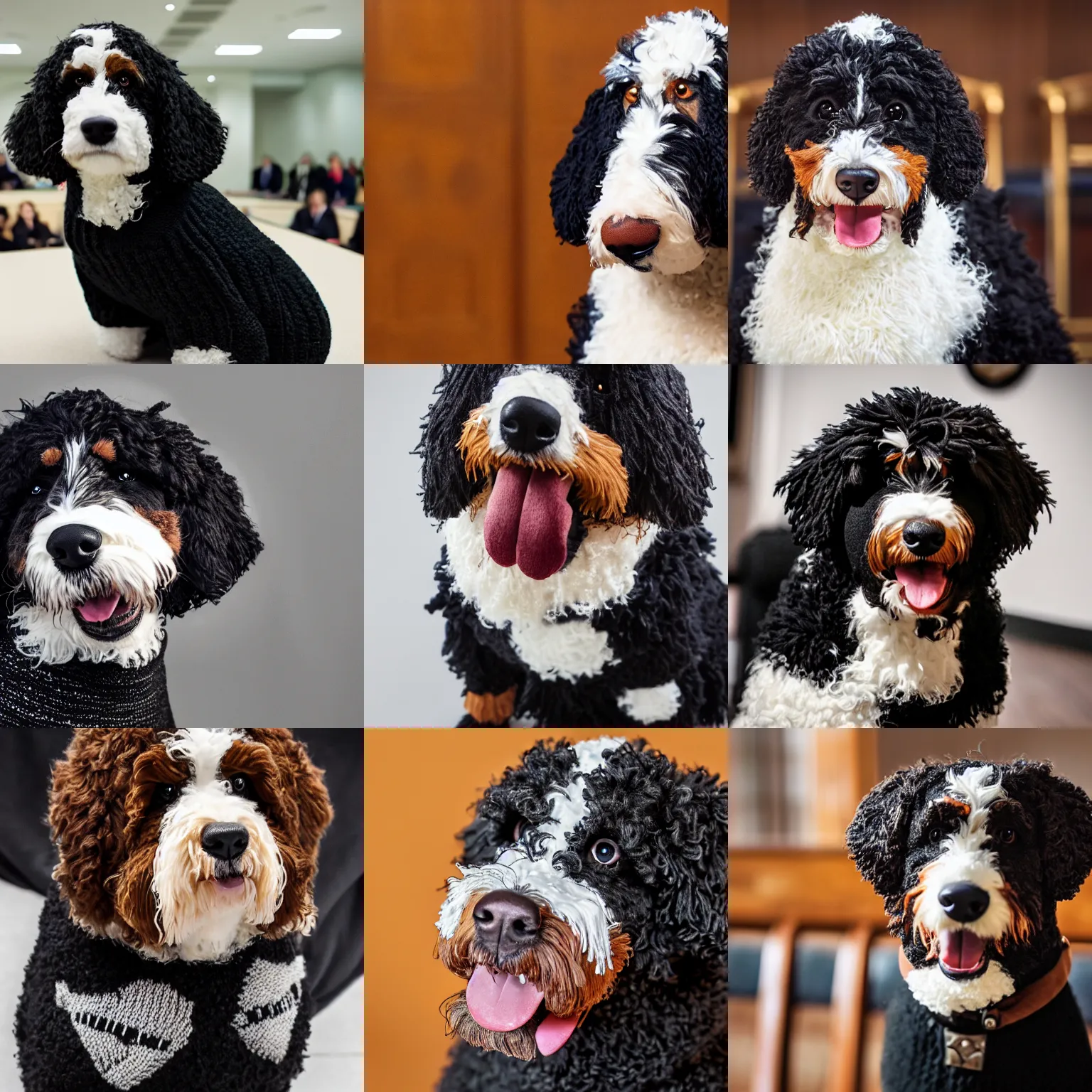 Prompt: a closeup photorealistic photograph of a smiling knitted bernedoodle judge dog dressed in a black gown, sitting in chambers. indoors, professional capture, well lit shot. this 4 k hd image is trending on artstation, featured on behance, well - rendered, extra crisp, features intricate detail, epic composition and the style of unreal engine.