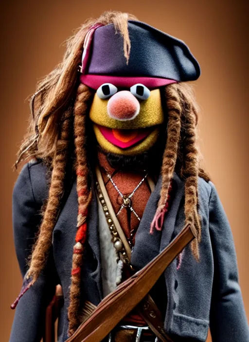 Prompt: studio portrait still of muppet!!!!! captain jack sparrow!!!!!! as a muppet muppet as a muppet, 8 k, studio lighting, key light,