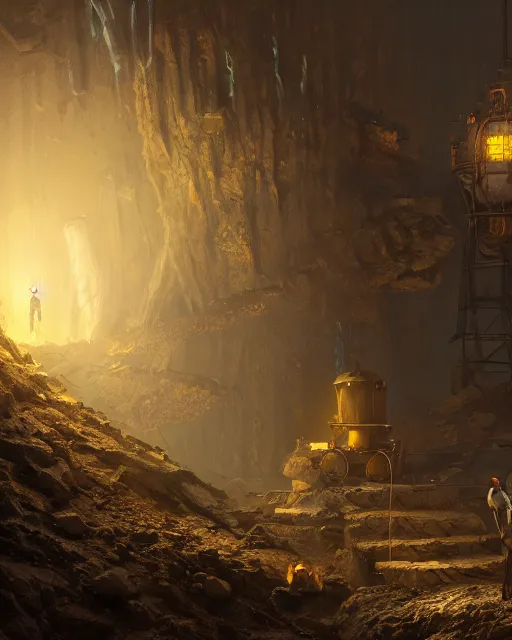 Image similar to oil painting of poor anthropomorphized mole mining gold, sharp focus, fantasy style, dark steampunk mine shaft backround, octane render, volumetric lighting, 8k high definition, by greg rutkowski, highly detailed, trending on art Station