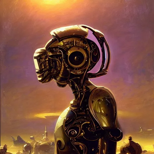 Prompt: portrait painting of syd mead artlilery scifi organic shaped android synth with ornate metal work lands on a farm, fossil ornaments, volumetric lights, purple sun, andreas achenbach