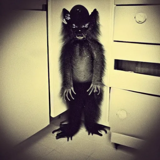 Image similar to strange creepy fuzzy creature found in the cabinet under a sink, dark photograph