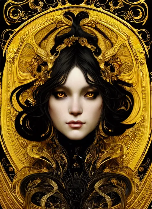 Image similar to beautiful black yellow, complicated gold the baroque style decoration, dark fantasy, intricate, elegant, highly detailed, digital painting, artstation, concept art, matte, 3 d 8 k octane rendered, sharp focus, illustration, octane rendered, art by artgerm and alphonse mucha, leesha hannigan, ross tran