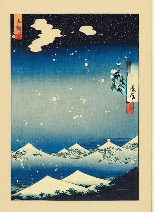 Image similar to blue roses on a mountain melting into the sky with stars of utagawa hiroshige