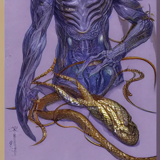 Image similar to concept design sketches for a character that is an ethereal humanoid snake with hands, golden scales and blue accents scattered in its design, art by yuji ikehata and satoshi kon, background art by miyazaki, realism, proper human male proportions, fully clothed, dungeons and dragons, anime