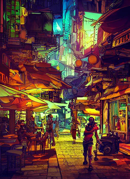 Image similar to bazaar zouk oriantal full color sky shine place mosquet painting digital illustration hdr stylized digital illustration video game icon global illumination ray tracing advanced technology that looks like it is from borderlands and by feng zhu and loish and laurie greasley, victo ngai, andreas rocha, john harris