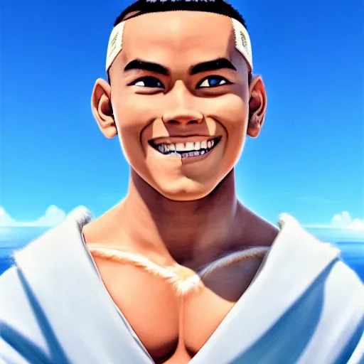 Image similar to beautiful serene intricate photograph of sokka from the water tribe as an inuit young man with light blue eyes, smiling confidently, relaxing on the beach, golden hour, soft focus, 8 k, art by irakli nadar, hyperrealism, hyperdetailed, ultra realistic