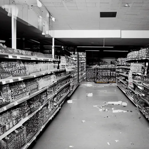 Image similar to a ransacked grocery store, broken signs, filthy flooring. Vines growing. Award-winning photo. OM system 12–40mm PRO II 40mm, 1/100 sec, f/2 8, ISO 800