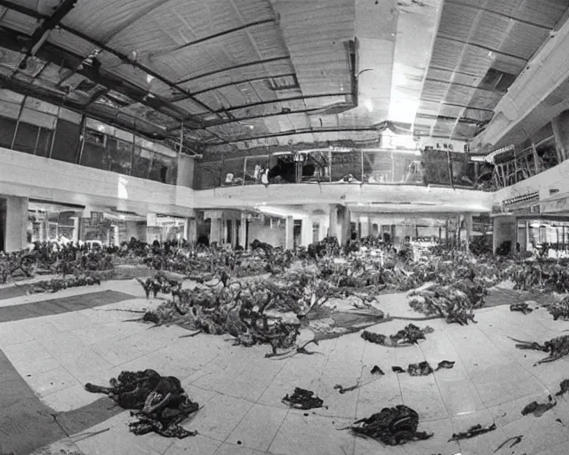 Prompt: camera footage of a Hundreds of Rabid Zerg in an abandoned shopping mall, high exposure, dark, monochrome, camera, grainy, CCTV, security camera footage, timestamp, zoomed in, fish-eye lens, Nightmare Fuel, Aliens, Evil, Zerg, Brood Spreading, Motion Blur, Hive, horrifying, lunging at camera :4