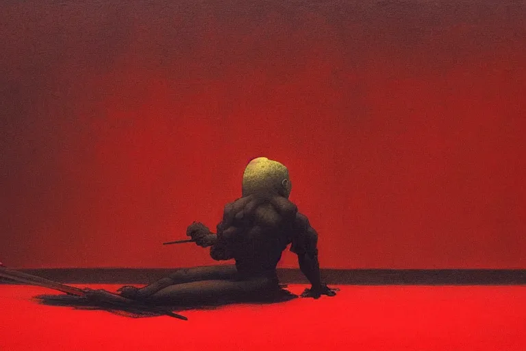 Image similar to only with red, a red samurai do seppuku, tokio, a lot of frogs watch, in the style of beksinski, parts by edward hopper, parts by rodcenko, parts by yue minjun, intricate and epic composition, red by caravaggio, insanely quality, highly detailed, masterpiece, red light, artstation, 4 k