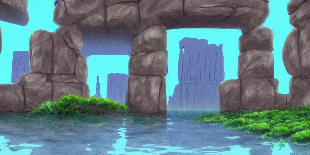 Prompt: a cell - shaded studio ghibli concept art study of water flowing out of a square portal in a flooded monument valley stonehenge temple jungle. very dull colors, hd, 4 k, hq