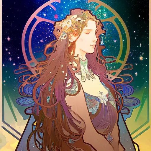 Image similar to a beautiful highly detailed digital art of colorful castle nebulas by alphonse mucha, moebius, krenz cushart, stars in the background, highly detailed, intricate design, cinematic view, 8 k resolution, trending on artstation