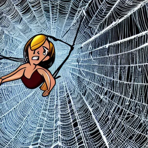 Image similar to emma watson hanging from and trapped in a giant spider web, cartoon