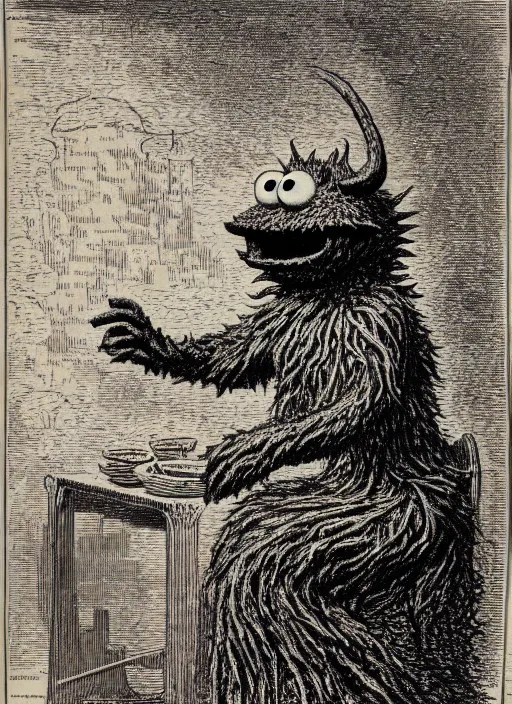 Prompt: cookie monster sits upon a throne of cookies, demon from the dictionarre infernal, etching by louis le breton, 1 8 6 9, 1 2 0 0 dpi scan, ultrasharp detail, clean scan