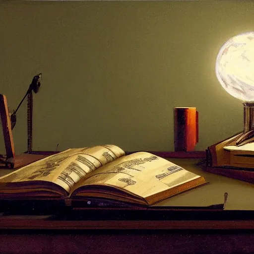 Prompt: a painting by greg rutkowski of a desktop in a dark room at night illuminated with a single dim desk lamp. on the desk sits a novel sitting and a small wooden box with ornate sculptured decoration and a glowing orb. also on the desk are, paper airplane, an ancient scroll scroll, pencils, pens, airplane magazine, overhead view, close up on book.