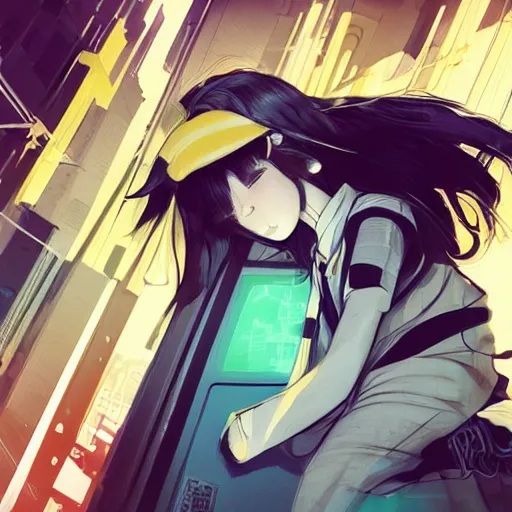 Image similar to Frequency indie album cover, luxury advertisement, yellow filter. Clean and detailed post-cyberpunk sci-fi close-up schoolgirl in asian city in style of cytus and deemo, blue flame, relaxing, calm and mysterious vibes, by Tsutomu Nihei, by Yoshitoshi ABe, by Ilya Kuvshinov, by Greg Tocchini, nier:automata, set in half-life 2, Matrix, GITS, Blade Runner, Neotokyo Source, Syndicate(2012), dynamic composition, beautiful with eerie vibes, very inspirational, very stylish, with gradients, surrealistic, dystopia, postapocalyptic vibes, depth of field, mist, rich cinematic atmosphere, perfect digital art, mystical journey in strange world, beautiful dramatic dark moody tones and studio lighting, shadows, bastion game, arthouse