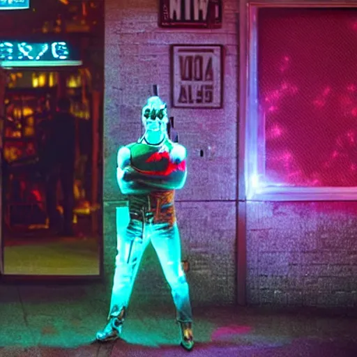 Prompt: An dramatic, iconic movie shot of an young man as the T-800 , outside an neon-lit cafe at night, with the moon out, detailed, ominous