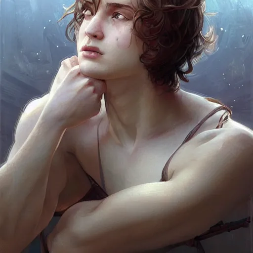 Prompt: young boy, song of Patrokles and Achilles, gorgeous, amazing, feminine, elegant, intricate, highly detailed, digital painting, artstation, concept art, sharp focus, illustration, art by artgerm and greg rutkowski and alphonse mucha