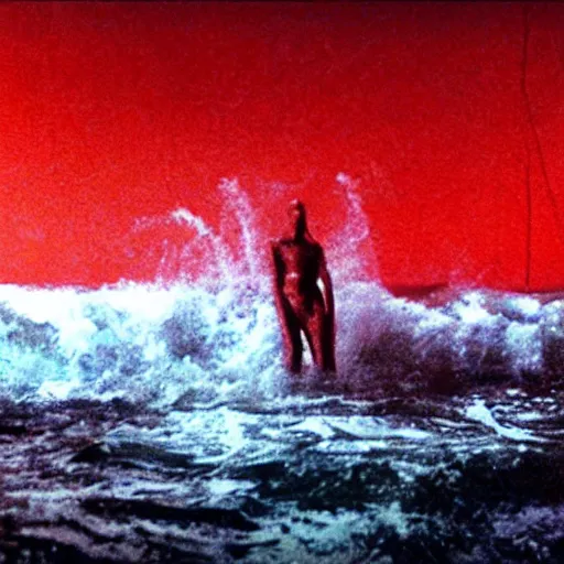 Prompt: the anti - christ rising from a red ocean. photograph from a horror movie.