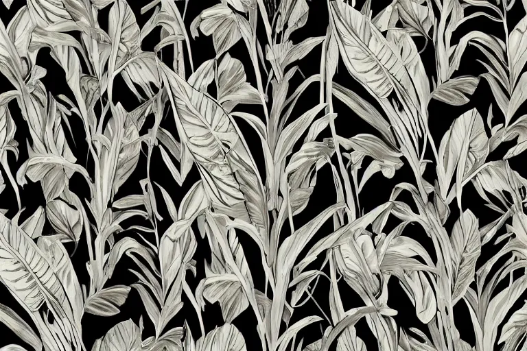 Prompt: exotic tropical print with beautiful and elegant elements perfect for a range of end products from fabrics, fashion, home decor to paper and wallpapers : : black background, art nouveau, trending on artstation