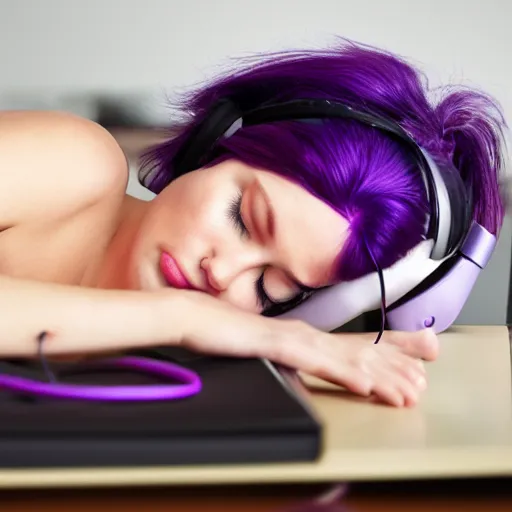Image similar to beautiful purple - haired female sleeping at desktop computer, wearing headphones, snoring, stylized