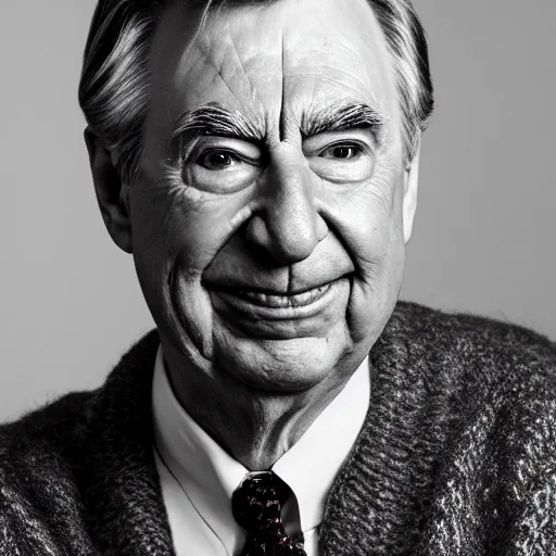 Prompt: symmetrical, close up face portrait of mr rogers, scowling, studio lighting, depth of field, photography, black and white, highly detailed