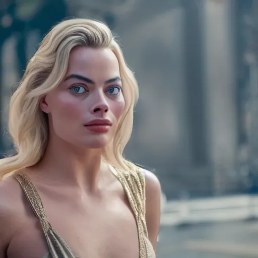 Prompt: hyper realistic action shot of Lux in the movie of Legends played by Margot Robbie, 4k, Carl Zeiss, sigma, Tamron so 85mm, stunning arcanum backdrop, magic, ornate set design, cinematic, lute