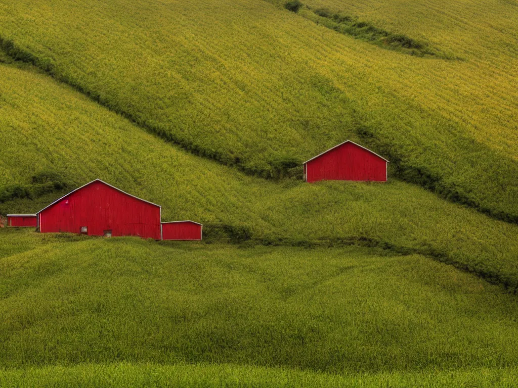 Prompt: Intricate detailed lush ravine with an isolated red barn next to a wheat crop at noon. Wide angle shot, surreal, Anato Finnstark.