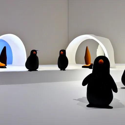Image similar to pingu visits an art exhibition, sculptures, white gallery, igloo, contemporary art, photorealistic