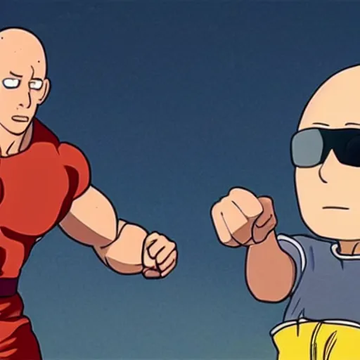 Image similar to long shot of tiny vin diesel as saitama punching a car into space