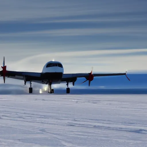 Prompt: plane on antarctic runway approach