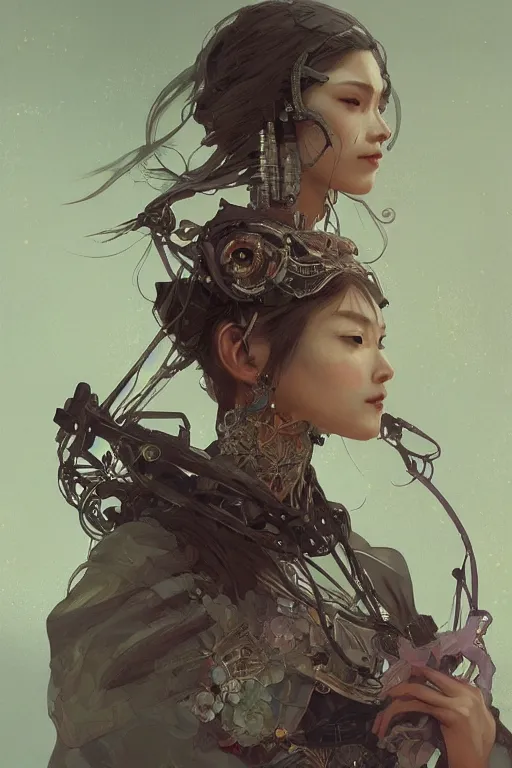 Image similar to A full portrait of a powerful beautiful futuristic dystopian junktown Japanese techromancer sorcerer enchanter, intricate, elegant, highly detailed, digital painting, artstation, concept art, smooth, sharp focus, illustration, art by Krenz Cushart and Artem Demura and alphonse mucha