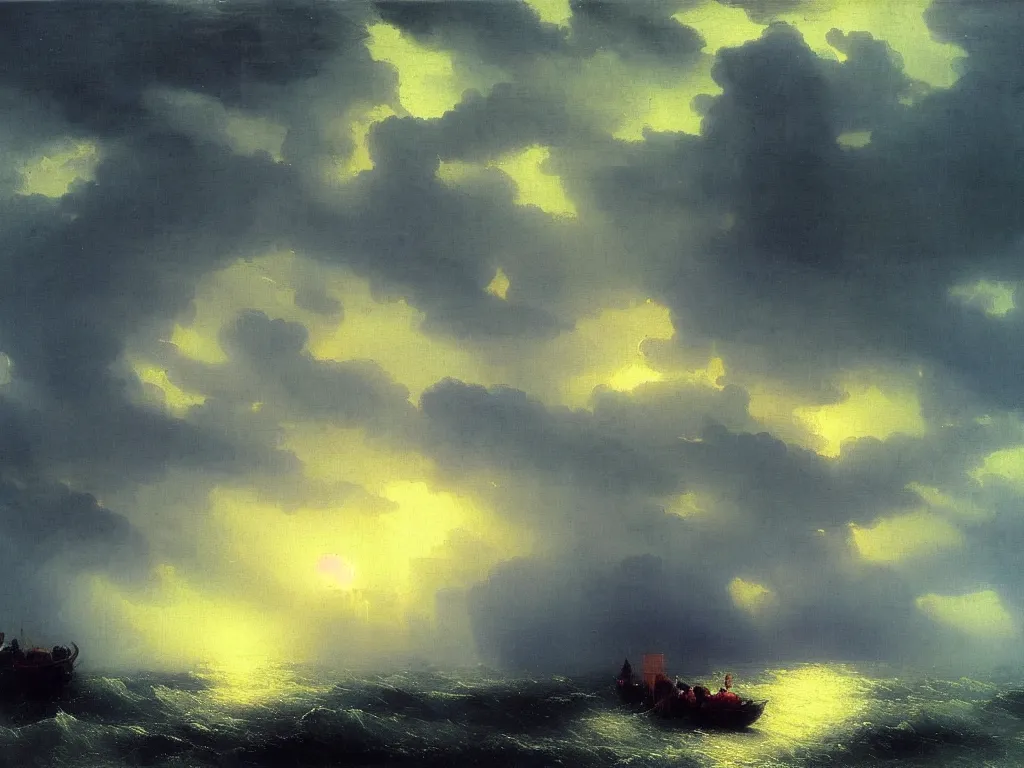 Image similar to heavy rain in south korea, bridges and buildings under water, beam of light through dark clouds, by Aivazovsky