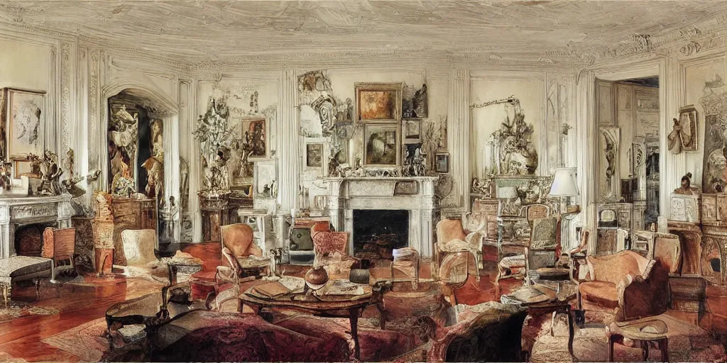 Prompt: a hiper intricate watercolor of a beatiful living room with sculptures, extremely detailed, sharp focus, elegant, wide view, smooth, digital illustration, colorfull, by william turner art, by greg rutowski