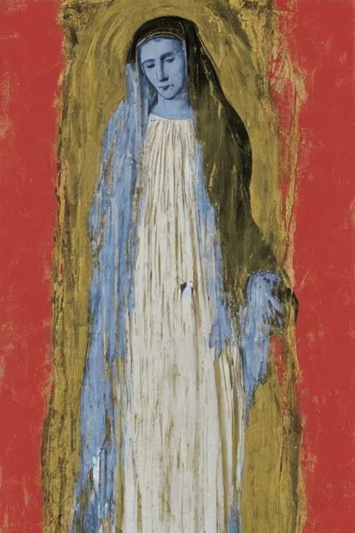 Image similar to virgin mary of lourdes painted by cy twombly and andy warhol