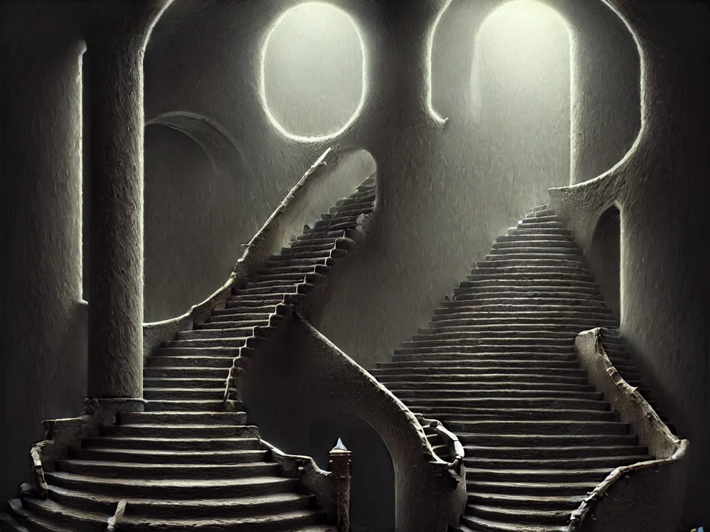 Prompt: highly detailed concept art of a staircase to nothingness with a door made of bones, an ultrafine detailed painting, trending on deviantart, neo surrealism, sharp focus, octane, masterpiece, art by miguel alandia pantoja