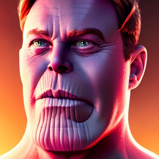 Image similar to a portrait of elon musk as thanos, the pixar adaptation, with same hairstyle, full body shot, hyper detailed, digital art, trending in artstation, cinematic lighting, studio quality, smooth render, unreal engine 5 rendered, octane rendered