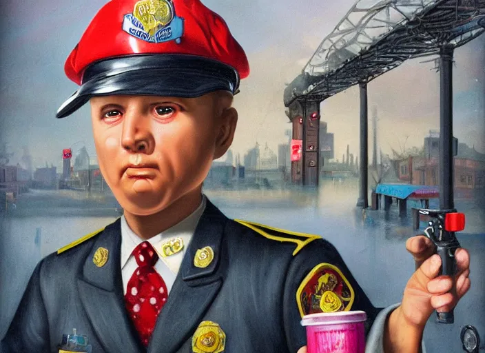 Image similar to a donut police officer, lowbrow, matte painting, 3 - d highly detailed, in the style of mark ryden,