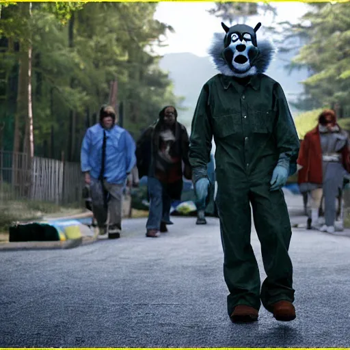 Prompt: Walter White volunteers for a furry convention, movie still frame, intense, trailer