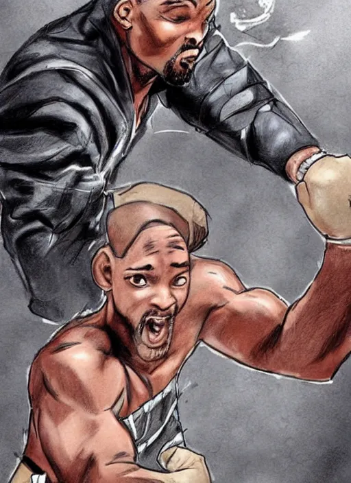 Image similar to beautiful concept art comic book drawing of will smith punching a rock by randy vargas