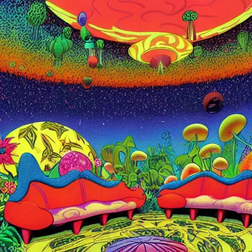 Image similar to psychedelic trippy couch in the lush forest, planets, flowers, mushrooms milky way, sofa, cartoon by carl barks