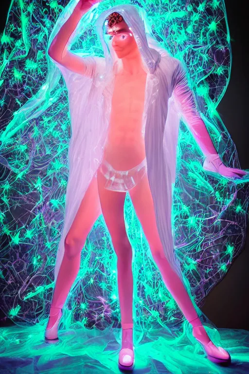 Prompt: full-body rococo and cyberpunk delicate crystalline sculpture of a muscular iridescent slender Spanish male as a humanoid deity wearing a thin see-through plastic hooded cloak sim roupa, reclining con las piernas abiertas, glowing pink face, crown of white lasers, large diamonds, swirling black silk fabric. futuristic elements. oozing glowing liquid, full-length view. space robots. human skulls. throne made of bones, intricate artwork by caravaggio. Trending on artstation, octane render, cinematic lighting from the right, hyper realism, octane render, 8k, depth of field, 3D