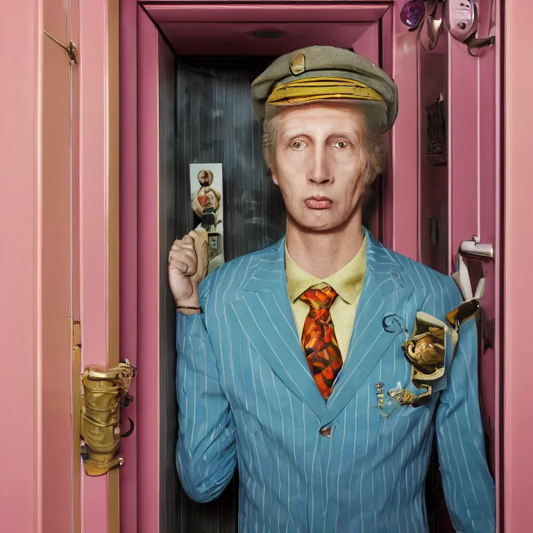 Prompt: high fashion octane render portrait by wayne barlow and carlo crivelli and glenn fabry, a single handsome eccentric man in a bright colorful pastel wes anderson elevator operator uniform inside a dark and moody vintage elevator in the hallway of a high - end exotic vintage boutique hotel, very short depth of field, bokeh