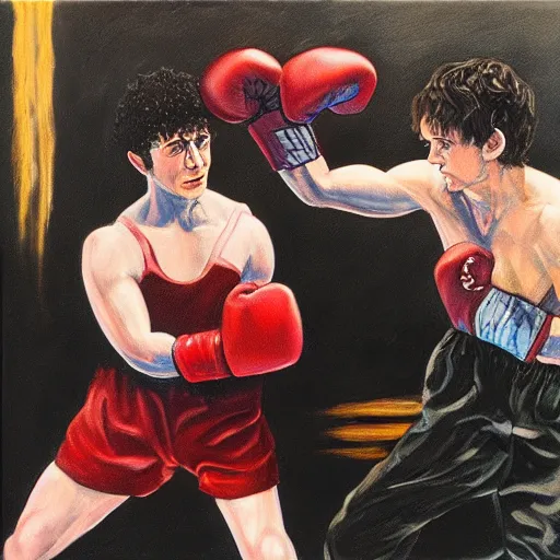 Prompt: harry potter in a boxing fight with frodo baggins, oil on canvas