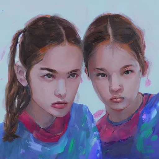 Image similar to a messy painting of Twin sisters. Trending on ArtStation