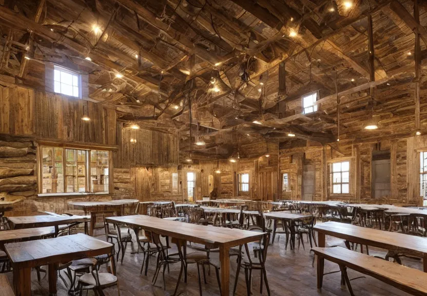 Prompt: interior barn renovation as folk music event space rustic with bar and cafe tables 8k photorealistic