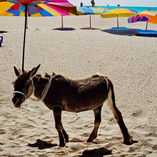 Prompt: A Donkey wearing cool glasses on a sunbed at the beach, 8k, highly detailed