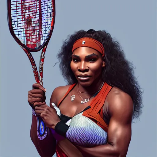Prompt: portrait of Serena Williams as a warrior woman holding a racket, looking at camera, D&D, intricate, elegant, stylish, serious expression, fantasy, extremely detailed, digital painting, artstation, concept art, smooth, sharp focus, illustration, stunning lighting, art by artgerm and greg rutkowski and alphonse mucha and simon stalenhag.