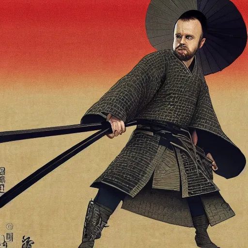 Image similar to jesse pinkman from breaking bad wearing samurai armor and holding a katana in feudal japan, 4 k, hyper realistic, ink block painting, edo period